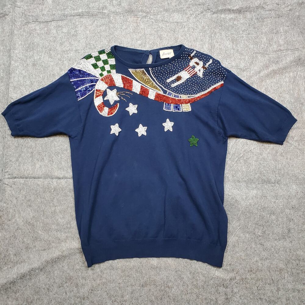 Vintage Ann Wi Sweater Womens Large Christmas Beaded Top Navy Holiday Festive